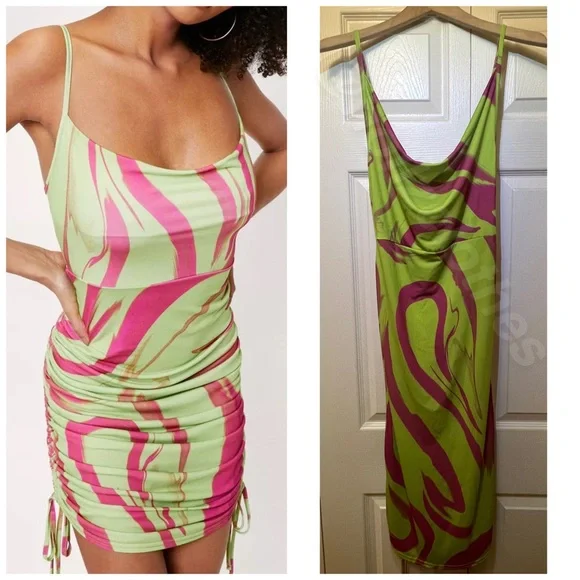 Nasty Gal Lime Green & Hot Pink Marble Print Ruched Cowl Neck Dress NWT - Picture 4 of 14